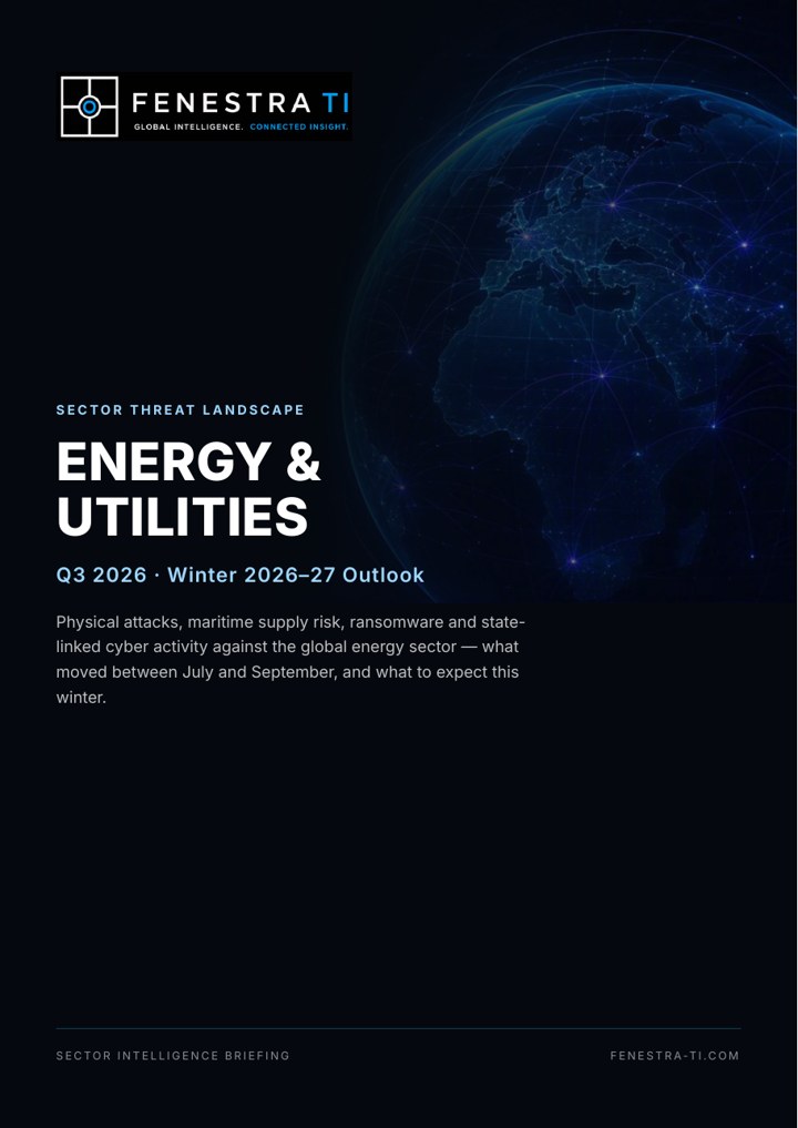 Cover of the Fenestra TI Energy & Utilities Threat Landscape, Q3 2026, with a winter 2026–27 outlook